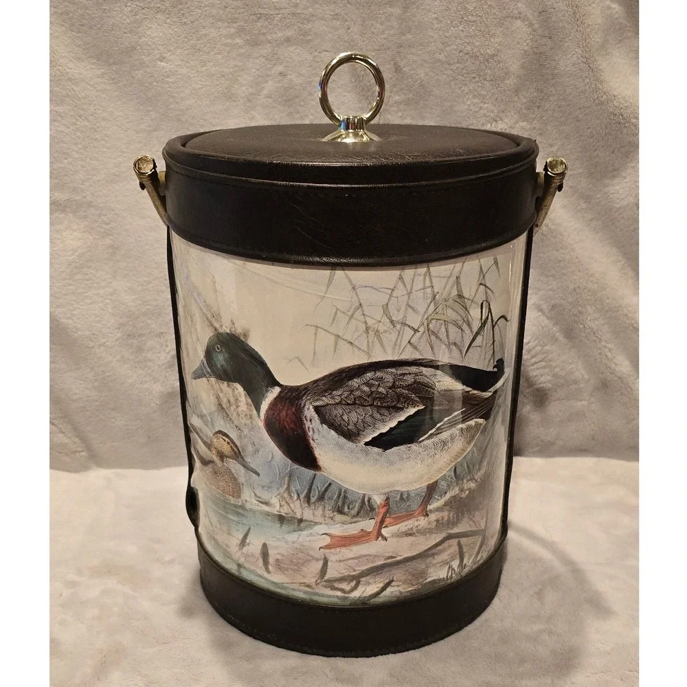 Vintage SheltonWare Mallord Duck Scene Ice Bucket Faux Leather w/ Lid‎ 10.75